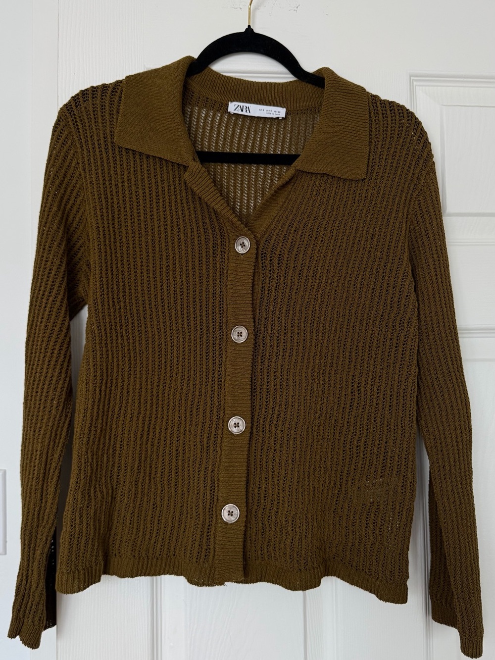 Zara Olive Open-Knit Collared Button Cardigan